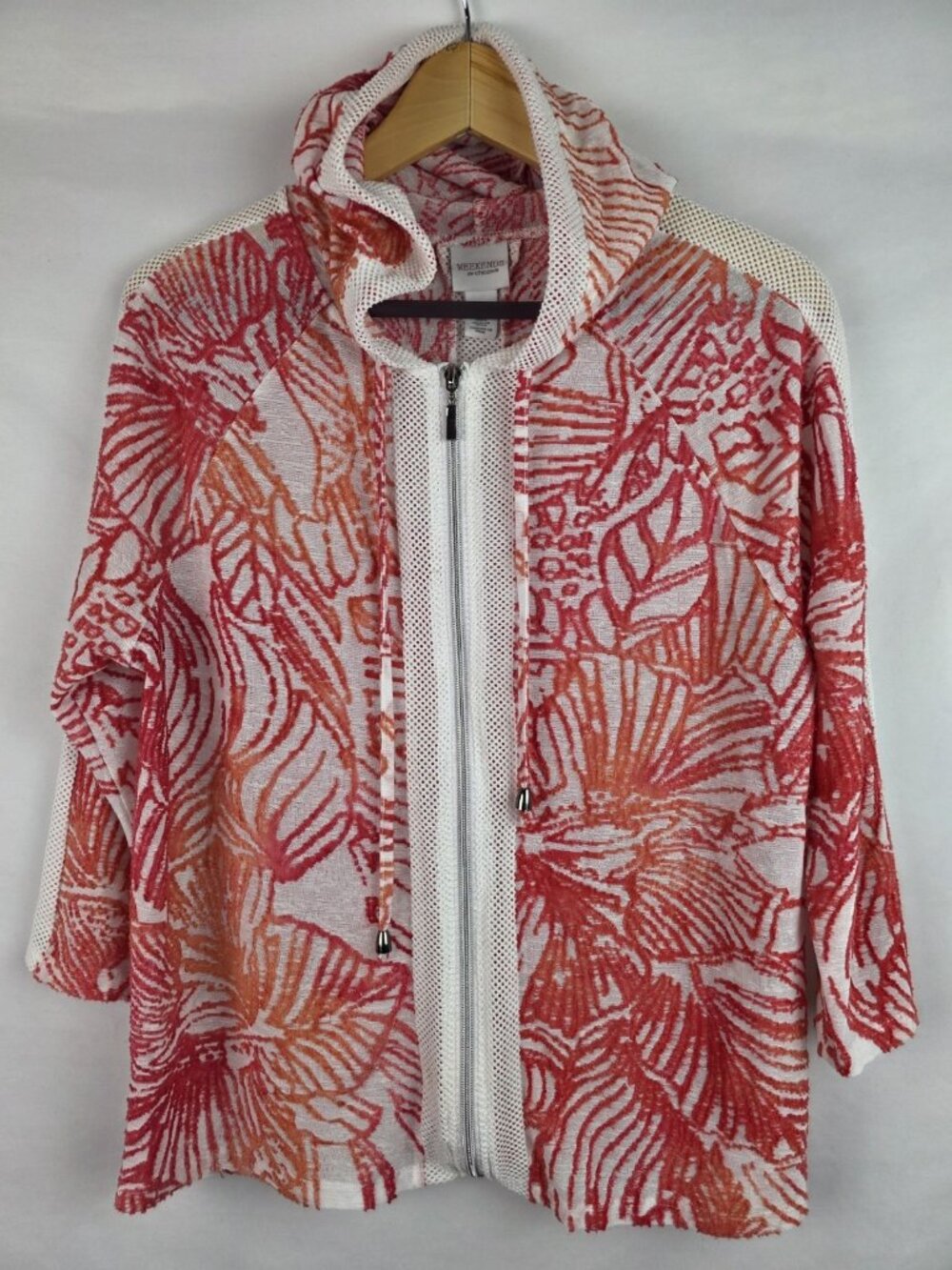 Weekends by Chico's Womens Top Size 1 Medium Floral Mesh Sheer 3/4 Sleeve Hooded